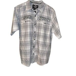 Men harley davidson gray blue plaid button down Shirt large L